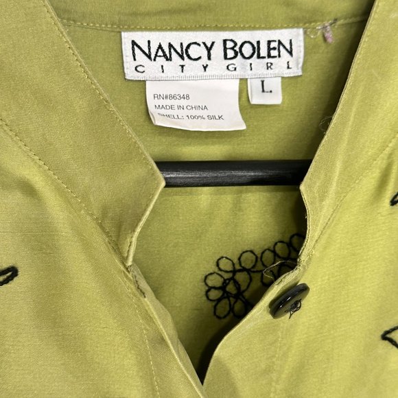 Nancy Bolen City Girl Green Silk Floral Embroidered Long Sleeve Blouse L - Picture 5 of 7